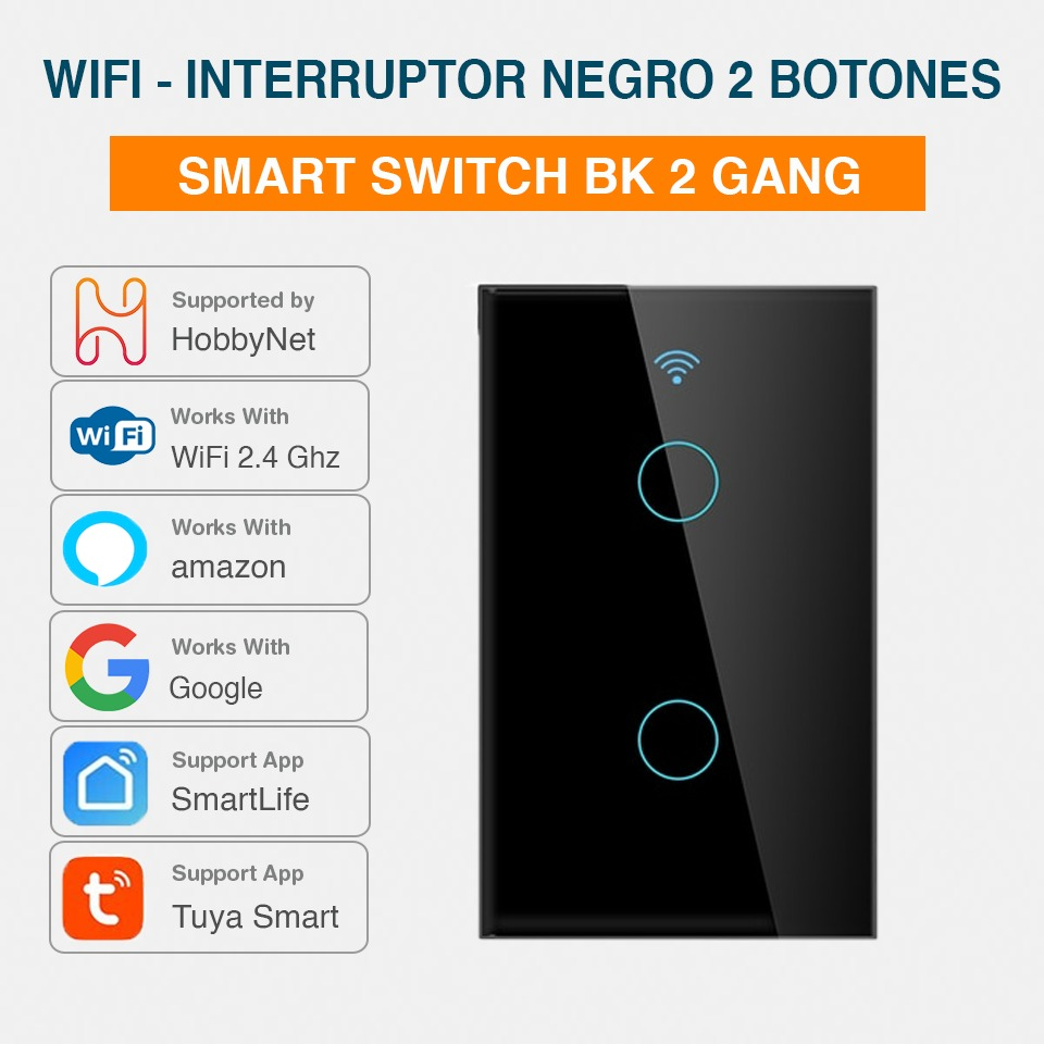 Interruptor NEGRO 2 bandas de luz inteligente con WiFi, Panel táctil