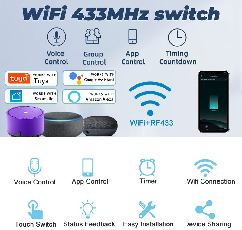 Interruptor NEGRO 2 bandas de luz inteligente con WiFi, Panel táctil