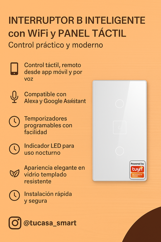 Interruptor blanco 2 bandas inteligente con WiFi y Panel táctil